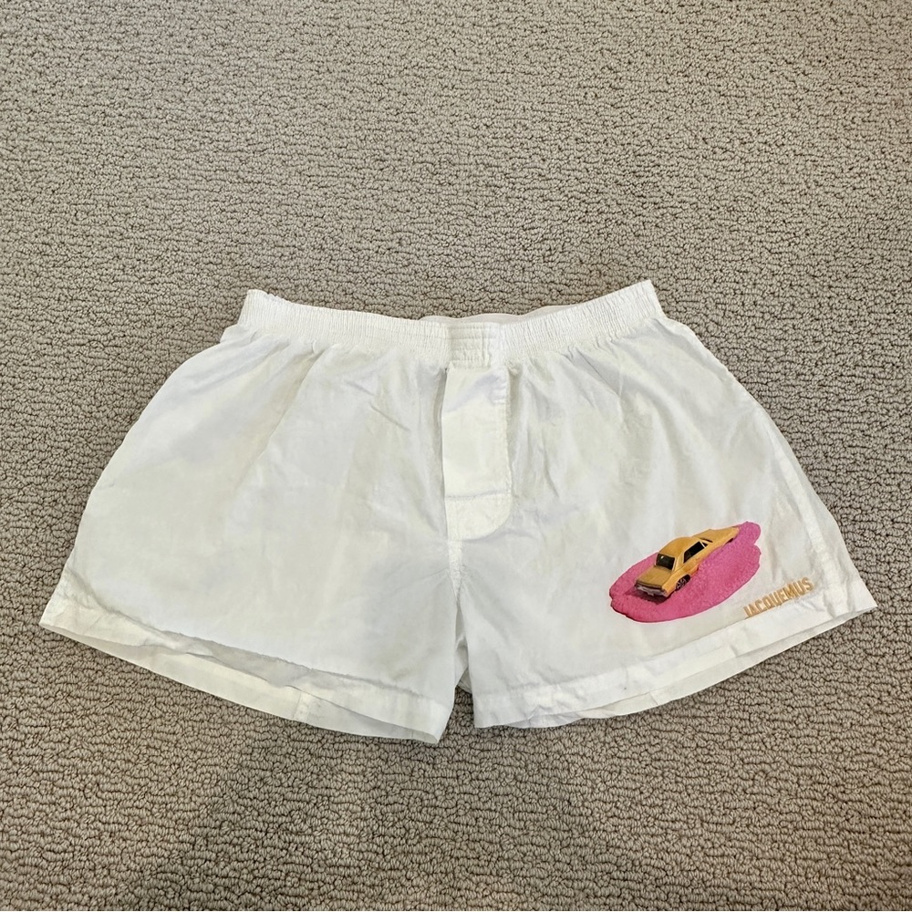 Jacquemus White Boxer Shorts with Pink & Yellow Car Patch